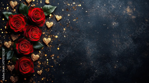 Romantic Red Roses and Golden Hearts on Dark Surface Background