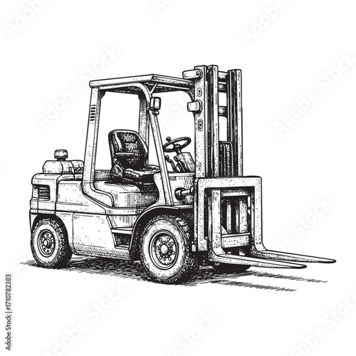  Detailed Hand Drawn Forklift Truck in Vintage Engraving Style, Warehouse Machinery Vector Illustration