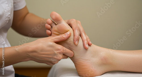 Professional therapist gently massages tired foot releasing tension for ultimate relaxation and healing