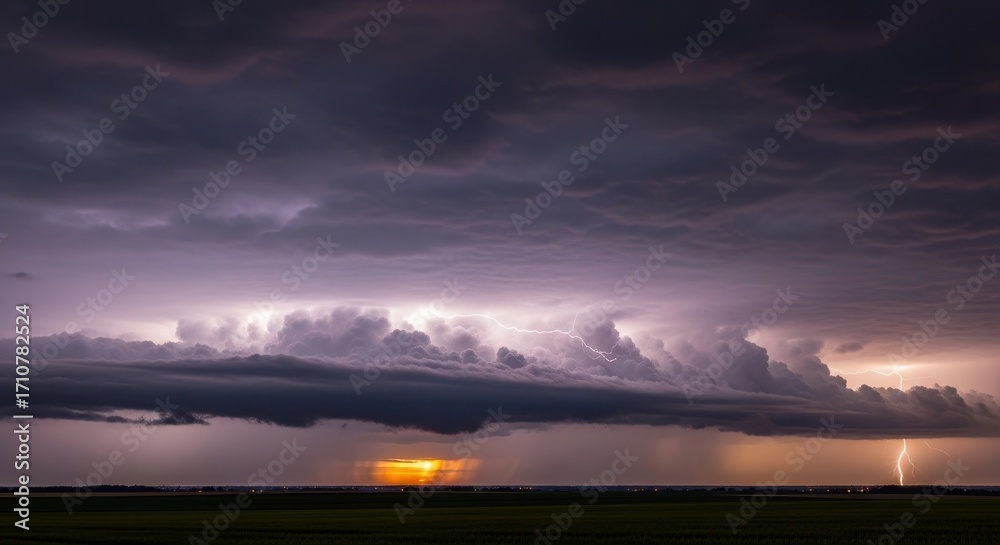 Fototapeta premium Dramatic Evening Sky with Powerful Lightning Strikes Illuminating a Stormy Horizon