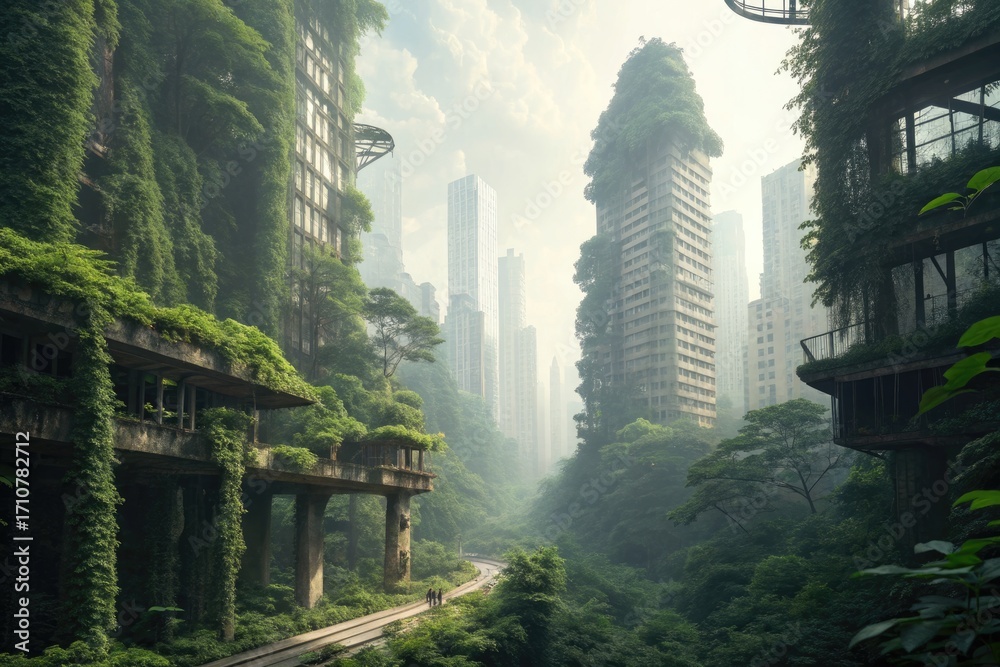 Fototapeta premium Urban Jungle Showcasing Nature Reclaiming Abandoned City Structures