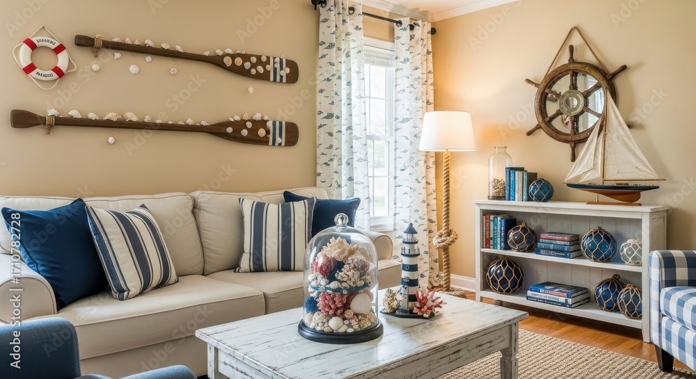 Obraz premium Cozy Living Room Decor with Nautical Theme Featuring Shells and Ship Wheel Accents