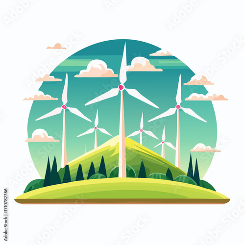 Wind turbines on hill vector clean energy renewable source sustainable power generation environment friendly