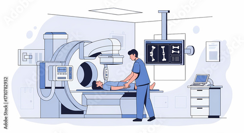 Medical professional assisting patient in MRI scanner room for diagnostic imaging.