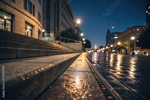 Nighttime Urban Setting With Wet Pavement and Glowing Street Lamps by a Building