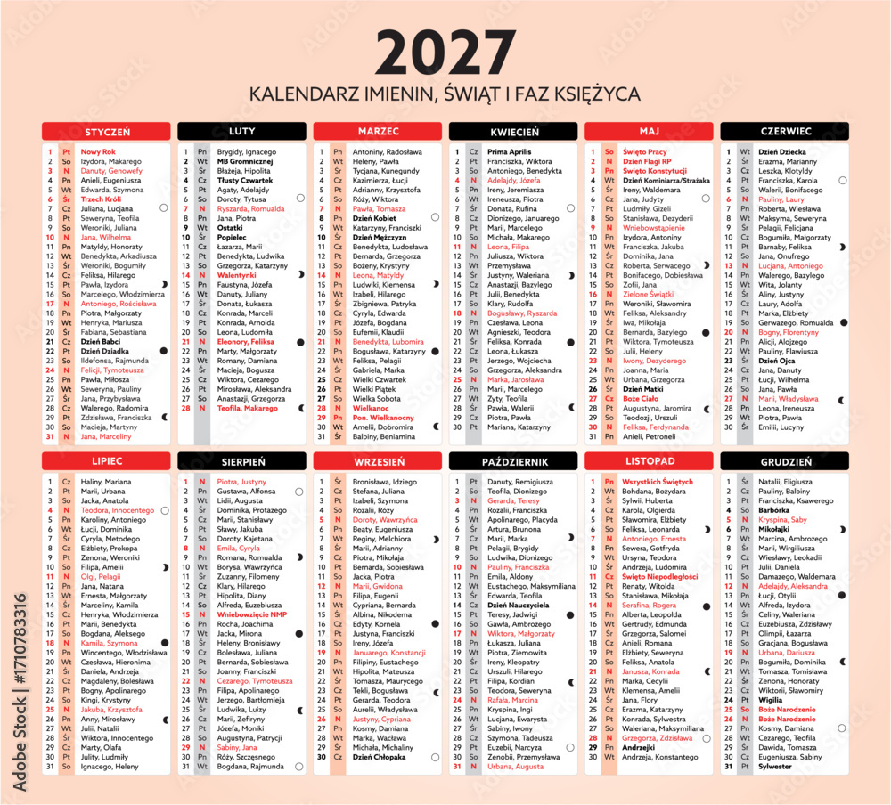 Obraz premium Kalendarz imienin 2027, świąt i faz księżyca na rok 2027. Po polsku. Kalendarz kominiarza. Kalendarz strażacki.