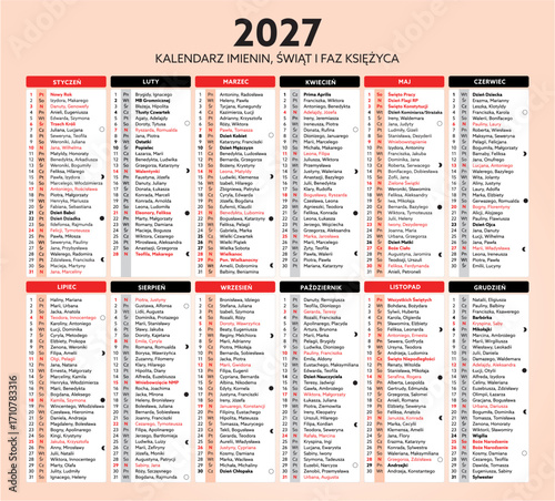 Kalendarz imienin 2027, świąt i faz księżyca na rok 2027. Po polsku. Kalendarz kominiarza. Kalendarz strażacki.