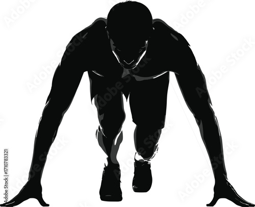 Sprinter, athlete, starting position, race preparation, sports silhouette, dynamic pose, blue outline, energy, motion, focus, strength, determination, speed, runner, track, competition, fitness