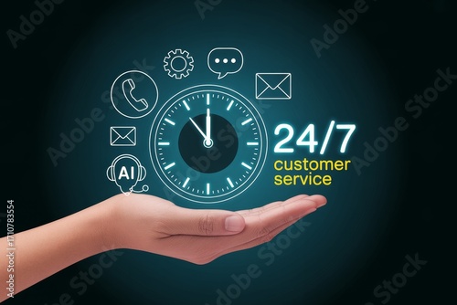 Hand holding clock and customer service icons representing round-the-clock support and rapid response to inquiries