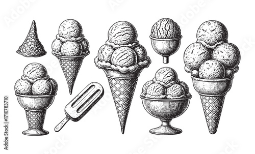 set of vintage ice cream cone engraving vector style