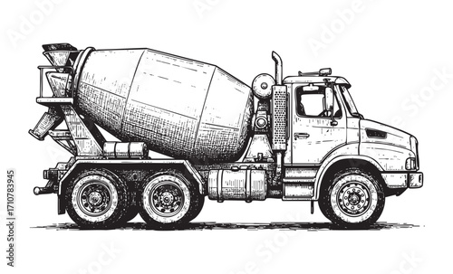 concrete mixer truck side view engraving vector style