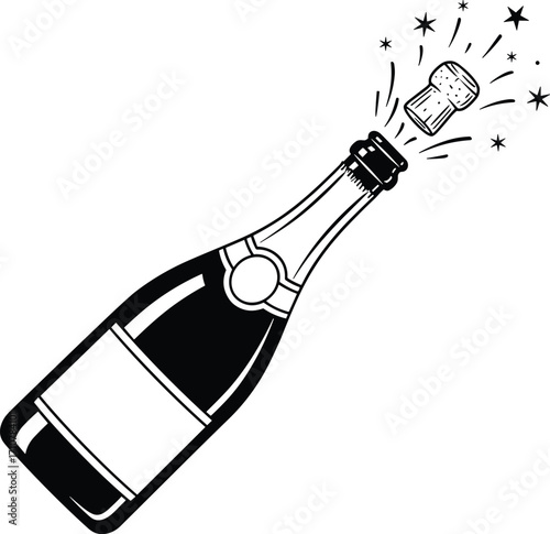 Black and white champagne bottle silhouette with cork popping, stars and motion lines, symbolizing celebration, party, festivity, and special occasion events