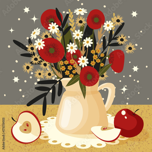 Autumn still life with wildflowers bouquet and apples