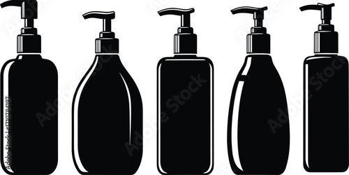 Black and white pump bottle silhouette set for liquid soap, lotion, shampoo, cosmetic dispenser packaging design, vector illustration isolated