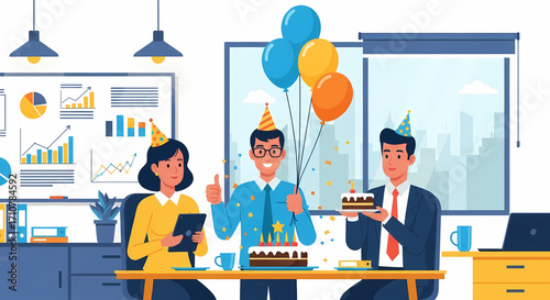 Colleagues celebrating a birthday in a modern office with balloons and cake