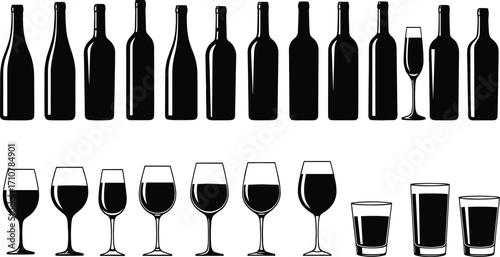 Black and white silhouette collection of various bottles and drinking glasses for bar, restaurant, beverage, alcohol, wine, cocktail, and drinkware design