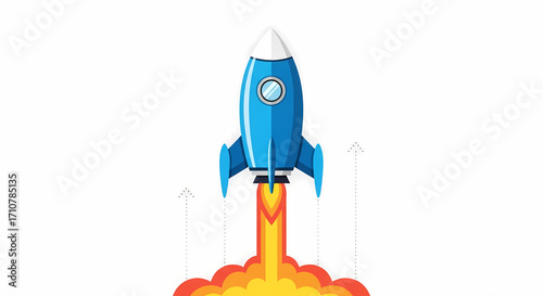 Blue Rocket Launching with Fiery Exhaust