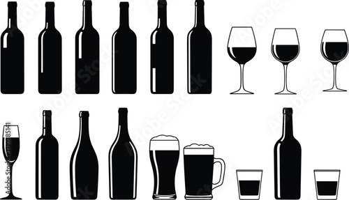 Black and white silhouette collection of wine bottles, liquor bottles, beer glasses, champagne flutes, and cocktail drinkware for bar design