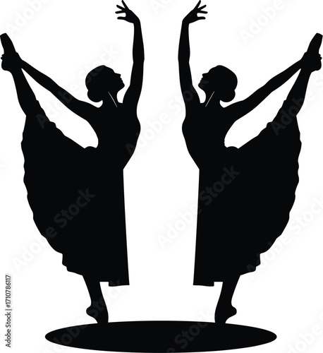 Black and white silhouette vector of two ballet dancers performing symmetrical pose with flowing skirts for dance, performance, art, and elegance design