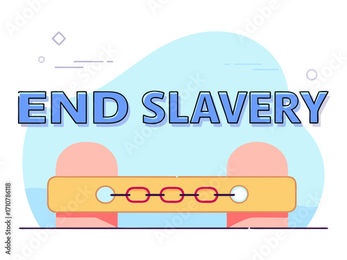 Stylized Illustration of a Pillory with Chains and the Words End Slavery in Blue Letters