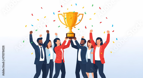 Diverse team celebrating a trophy win with confetti