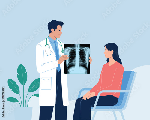 Doctor explaining X-ray to patient in hospital or clinic consultation room, flat vector illustration symbolizing medical care, diagnosis, patient education, professional healthcare, and treatment guid