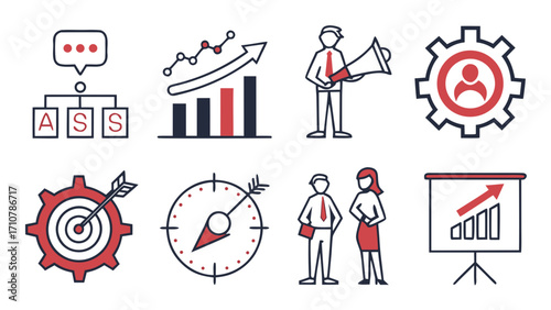 Business management icon set with teamwork, leadership, goals, finance, planning, and project strategy in flat vector style,Business management icon set with teamwork, leadership, goals, finance, plan