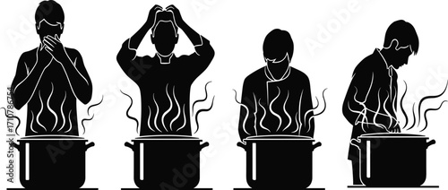 Black and white vector illustration of four people reacting to steaming cooking pots with surprise, curiosity, and humor in kitchen scene
