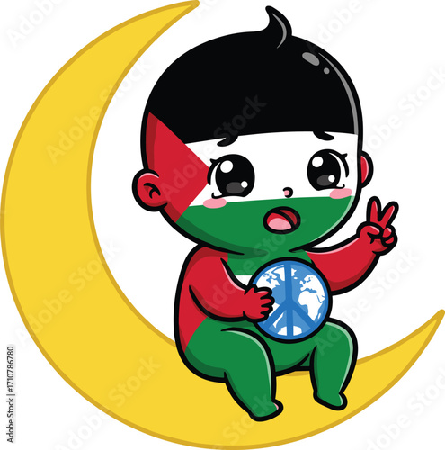 Cute baby with peace symbol sitting on crescent moon, Palestinian flag face paint, hope, freedom, love, Middle East illustration