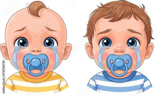Crying baby illustration with pacifier, sad infant cartoon, emotional toddler artwork, upset newborn clipart, adorable children vector design