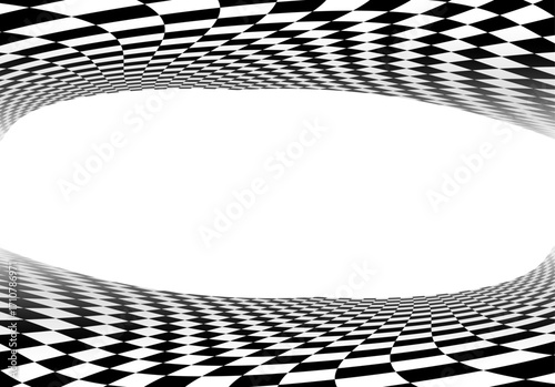 Black and white checkered perspective grid frame. Chessboard floor and ceiling, top and bottom tiled frame