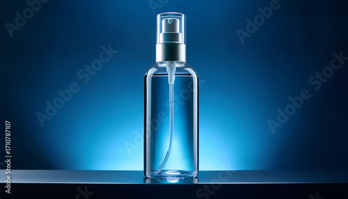 Sleek Transparent Spray Bottle With Silver Nozzle Illuminated Against Deep Blue Background Exuding Modern And Elegant Aesthetic Soft Glow Enhances Product Appeal Making It Ideal For Beauty
