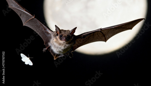 a northern bat (eptesicus nilssonii) hunts a moth at night under the light of a full moon