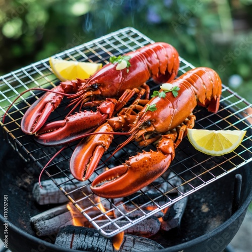Two grilled lobsters with lemon wedges on a barbecue grill, showcasing a delicious seafood meal cooked outdoors for a summer gathering