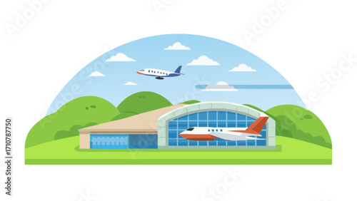 Airport hangar with airplanes vector illustration for aviation industry and travel designs use
