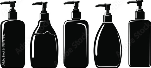 Black and white vector illustration set of various liquid soap and lotion dispenser pump bottles in different shapes and sizes