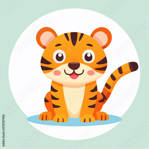 Adorable cartoon tiger cub sitting and smiling with a cute expression