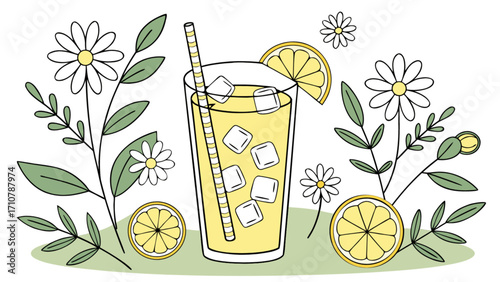 Refreshing summer lemonade drink with ice cubes and lemon slice surrounded by daisies drawing art