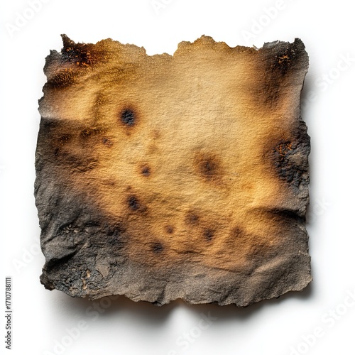 Charred Paper Texture: A close-up view of a piece of aged paper, its edges consumed by fire, depicting the harsh effects of time and decay.