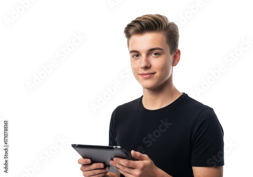 Young man holding a tablet computer isolated on transparent background