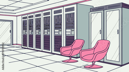 Server room interior illustration with pink chairs, data center, computer servers and storage units