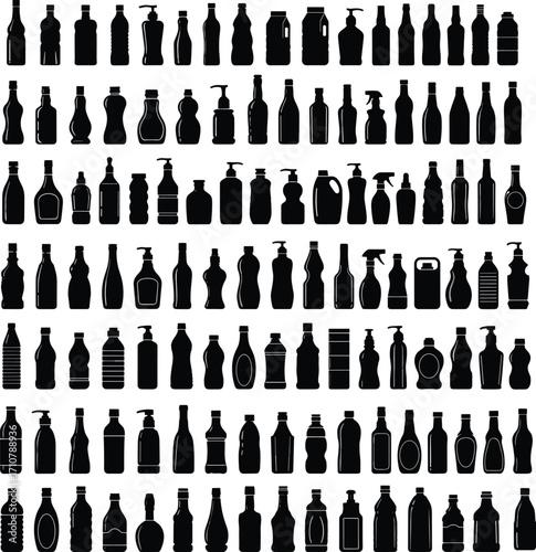 Black silhouette collection of various bottle shapes including pump, spray, squeeze, and capped containers for packaging, branding, cosmetic, and product design