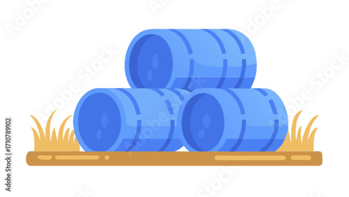 Illustration of stacked blue barrels on ground with grass agriculture farm storage concept