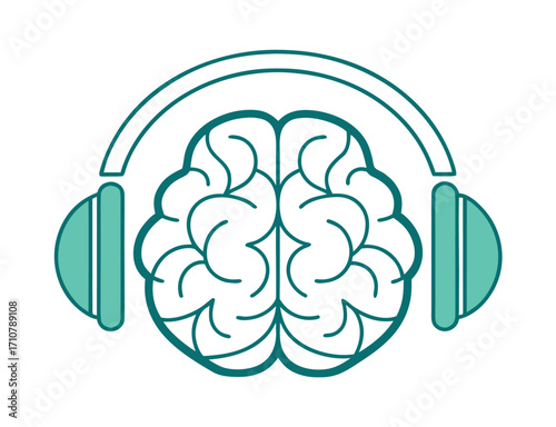 Brain with Headphones Conceptual Illustration for Audio Learning and Focus Enhancements