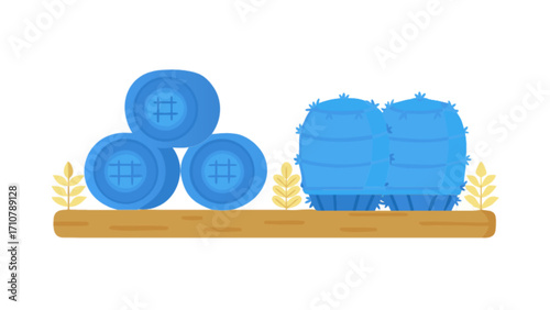 Illustration of hay bales and blue bushes on a wooden shelf for agricultural design elements art