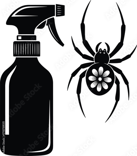 Black silhouette illustration of spray bottle and spider with floral pattern, symbolizing pest control, insect repellent, cleaning, and household safety concepts