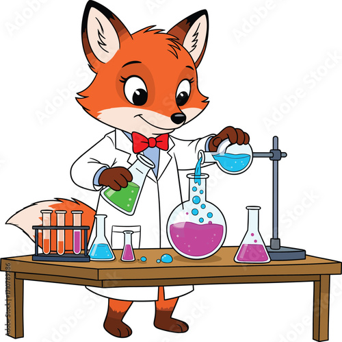 Cute fox scientist cartoon character, wearing lab coat and bow tie, mixing colorful chemical experiments, laboratory research illustration, science education concept