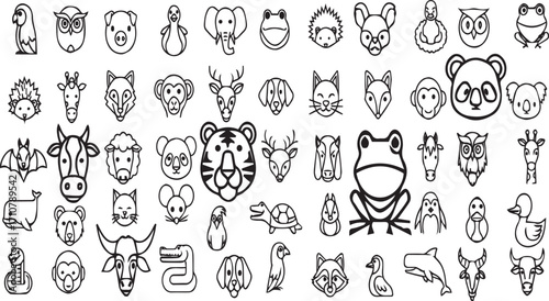Minimalist Animal Face Icons –  Cartoon Zoo, Jungle, Safari and Wildlife Outline Vector
