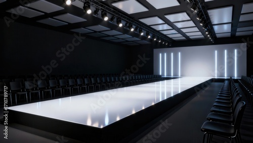 A modern fashion show runway stage inside a dark auditorium, featuring a glossy illuminated catwalk with LED strip lights