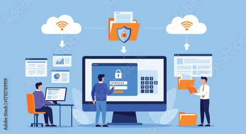 Secure cloud data storage network concept with people working on computers vector